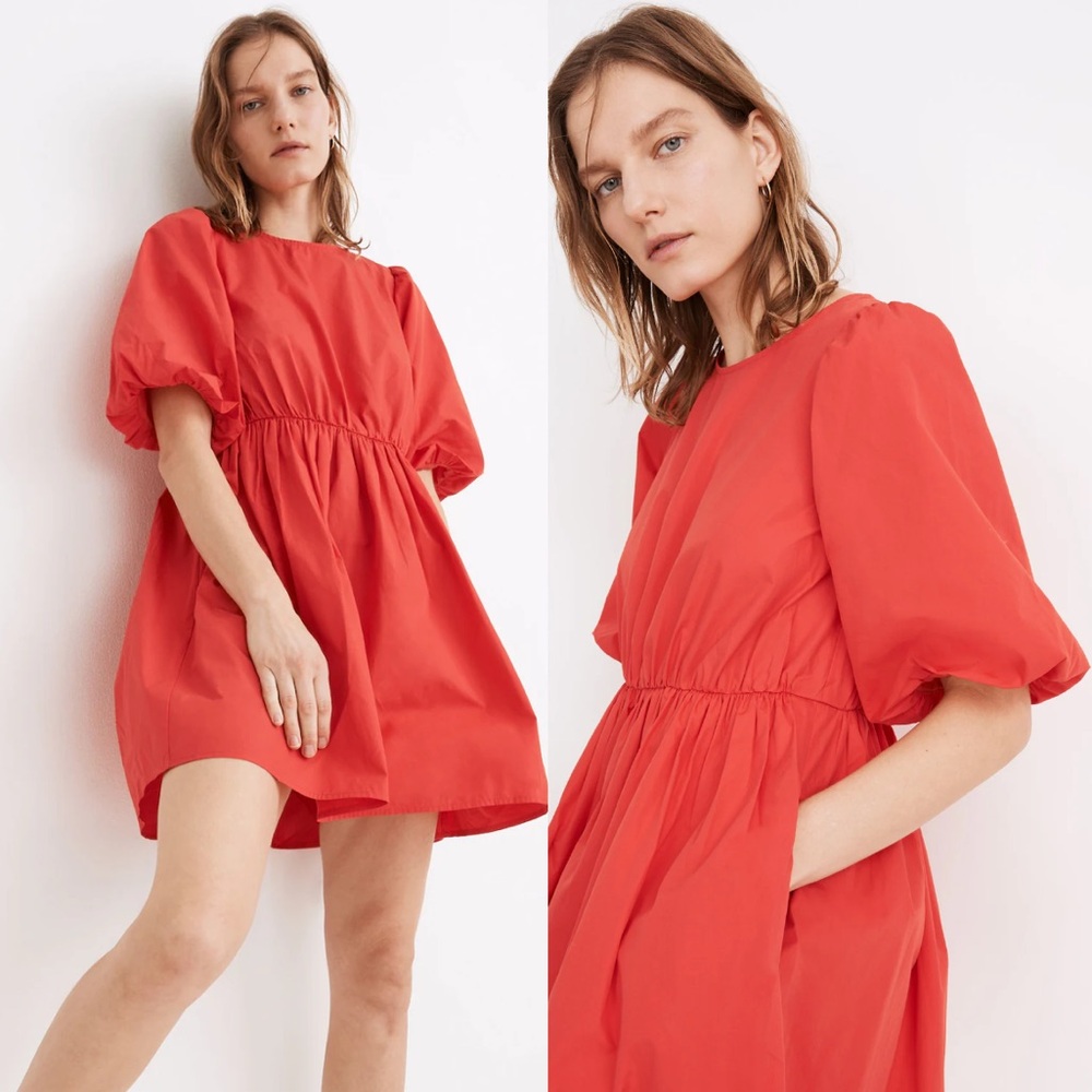 Madewell Dress Womens 6 Poplin Crewneck Bubble-Sleeve Bright Feminine Preppy